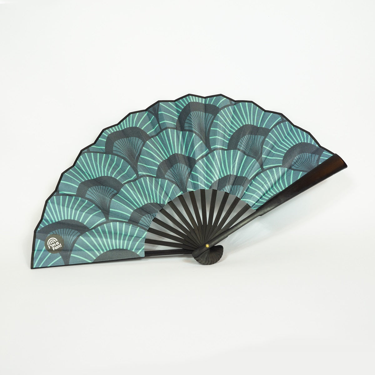 Art déco: Blaue Palmen (Handfächer, 27cm, Bambus)
